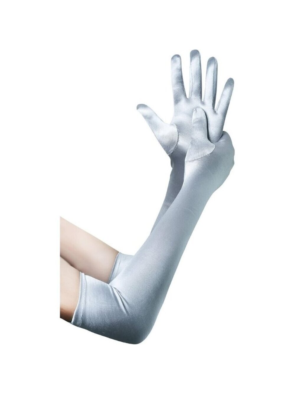 Women's Silver Long Opera Party 20s Satin Gloves Stretchy Arm Cover Elbow Length